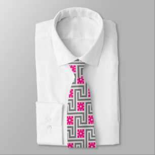 Deco Greek Key, Grey / Gray and Fuchsia Pink Tie