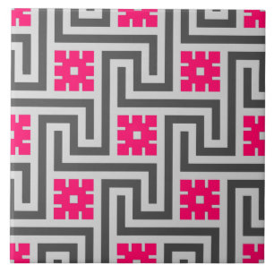 Deco Greek Key, Grey / Gray and Fuchsia Pink Tile