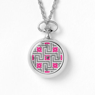 Deco Greek Key, Grey / Gray and Fuchsia Pink Watch