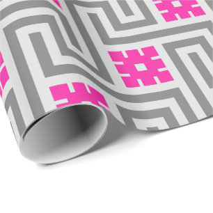 Deco Greek Key, Grey / Gray and Fuchsia Pink Wrapping Paper