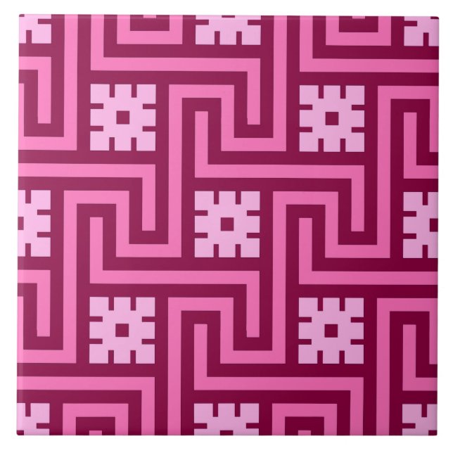Deco Greek Key, Pink and Burgundy Ceramic Tile (Front)