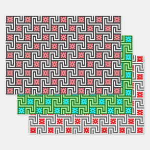 Deco Greek Key, Pink, Green, Red & Gray Wrapping Paper Sheets