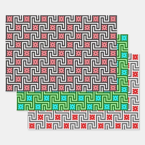 Deco Greek Key Pink Green Red  Gray Wrapping Paper Sheets