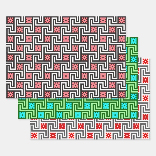 Deco Greek Key, Pink, Green, Red & Gray Wrapping Paper Sheets (Set)