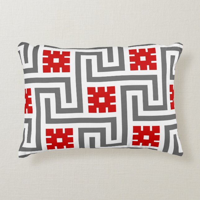 Deco Greek Key, Red, White and Grey / Gray Accent Pillow (Front)