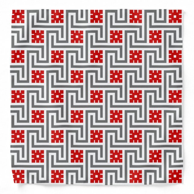 Deco Greek Key, Red, White and Grey / Gray Bandana (Front)