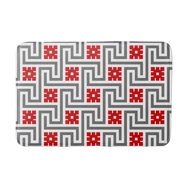 Deco Greek Key, Red, White and Grey / Gray Bath Mat (Front)