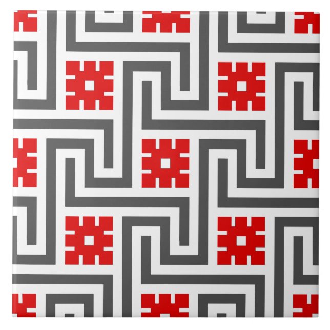 Deco Greek Key, Red, White and Grey / Gray Ceramic Tile (Front)