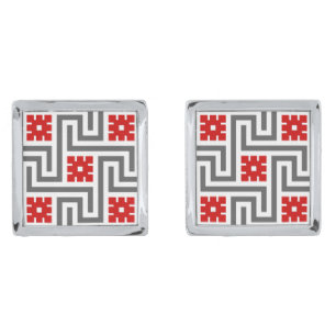 Deco Greek Key, Red, White and Grey / Gray Cufflinks