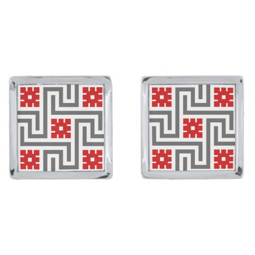 Deco Greek Key Red White and Grey  Gray Cufflinks
