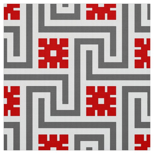 Deco Greek Key, Red, White and Grey / Gray Fabric (Swatch)