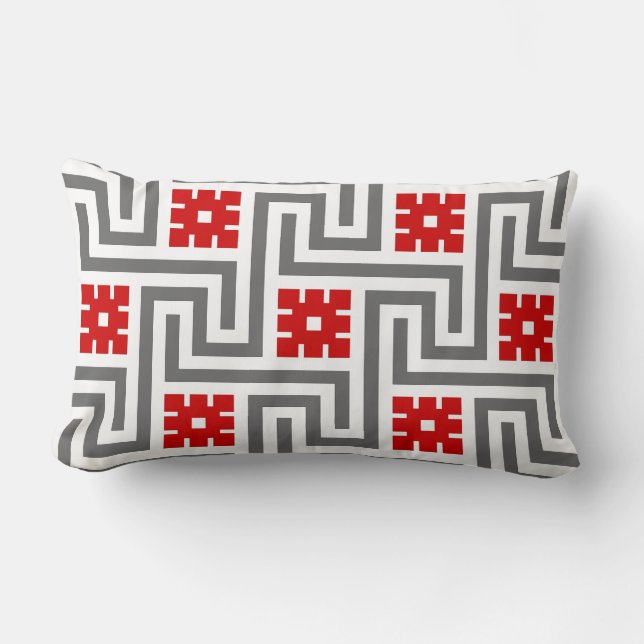 Deco Greek Key, Red, White and Grey / Gray Lumbar Pillow (Front)