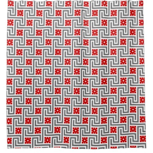 Deco Greek Key Red White and Grey  Gray Shower Curtain