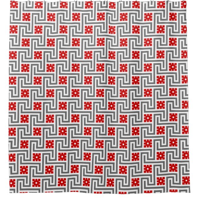 Deco Greek Key, Red, White and Grey / Gray Shower Curtain (Front)