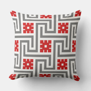 Deco Greek Key, Red, White and Grey / Gray Throw Pillow