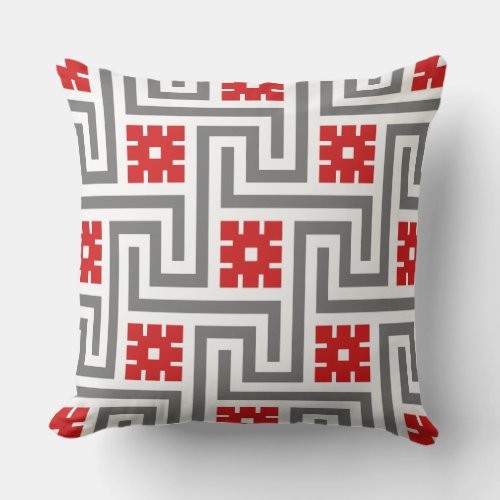 Deco Greek Key Red White and Grey  Gray Throw Pillow
