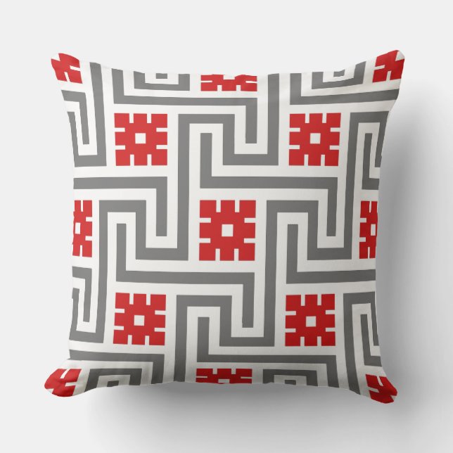 Deco Greek Key, Red, White and Grey / Gray Throw Pillow (Front)