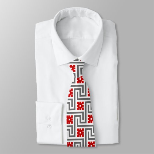 Deco Greek Key Red White and Grey  Gray Tie