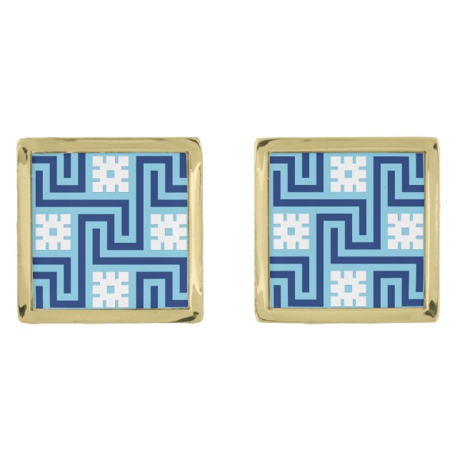 Deco Greek Key, Sky Blue and Navy Cufflinks (Front)