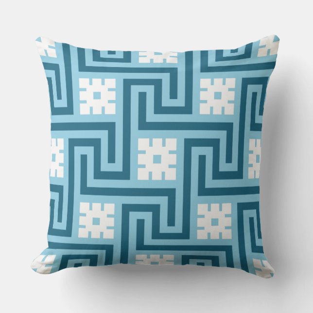 Deco Greek Key, Sky Blue and Navy Outdoor Pillow (Front)