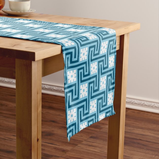 Deco Greek Key, Sky Blue and Navy Short Table Runner (In Situ)