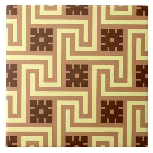 Deco Greek Key, Tan, Brown and Yellow Ceramic Tile (Front)