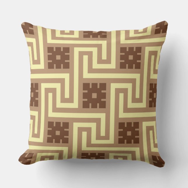 Deco Greek Key, Tan, Brown and Yellow Outdoor Pillow (Front)