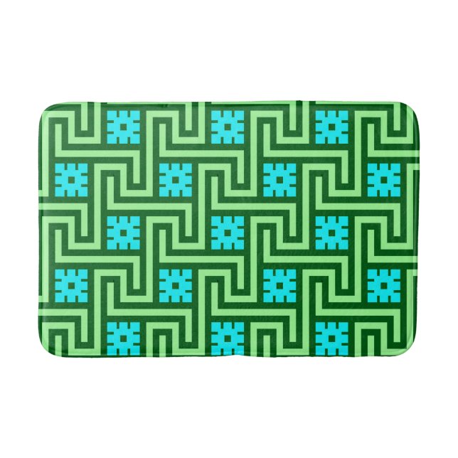 Deco Greek Key, Turquoise and Jade Green Bathroom Mat (Front)
