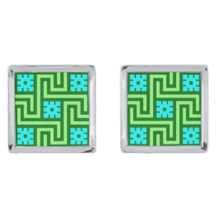 Deco Greek Key, Turquoise and Jade Green Cufflinks