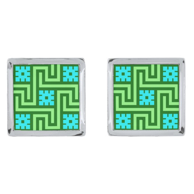 Deco Greek Key, Turquoise and Jade Green  Cufflinks (Front)