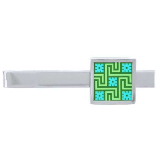 Deco Greek Key Turquoise and Jade Green  Silver Finish Tie Bar