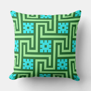 Deco Greek Key, Turquoise and Jade Green Throw Pillow