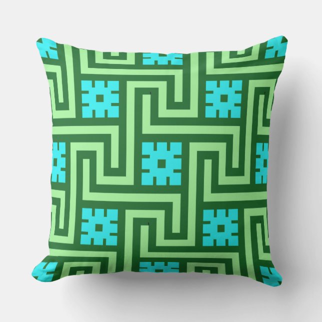 Deco Greek Key, Turquoise and Jade Green Throw Pillow (Front)