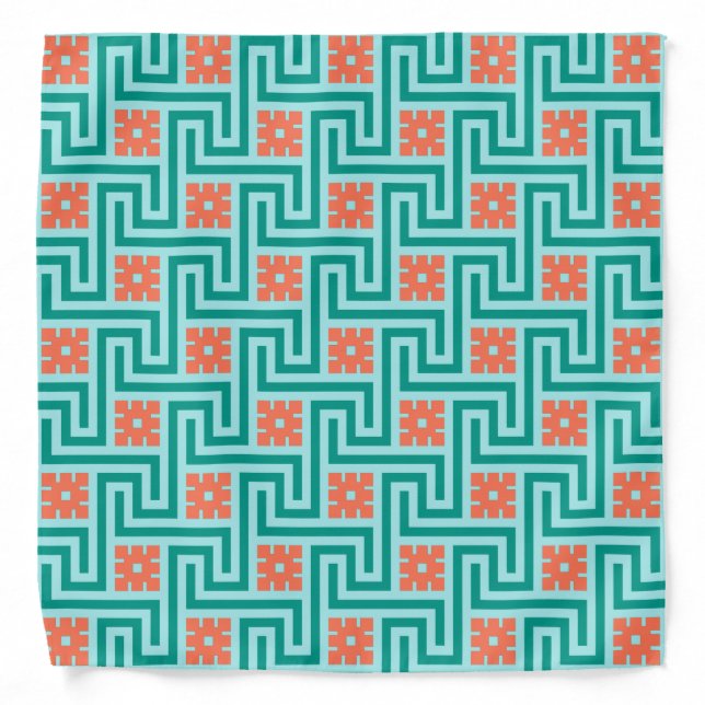 Deco Greek Key, Turquoise, Aqua and Coral Bandana (Front)