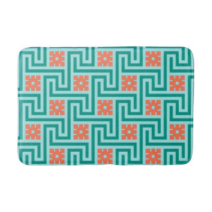Deco Greek Key, Turquoise, Aqua and Coral Bathroom Mat