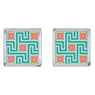 Deco Greek Key, Turquoise, Aqua and Coral Cufflinks