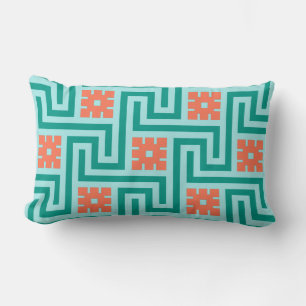 Deco Greek Key, Turquoise, Aqua and Coral Lumbar Pillow