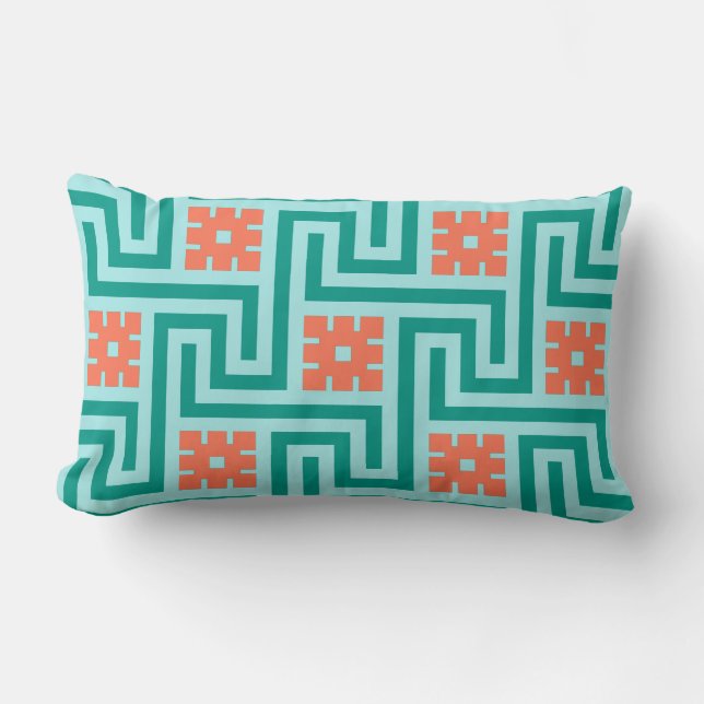 Deco Greek Key, Turquoise, Aqua and Coral Lumbar Pillow (Front)
