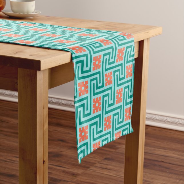 Deco Greek Key, Turquoise, Aqua and Coral Short Table Runner (In Situ)
