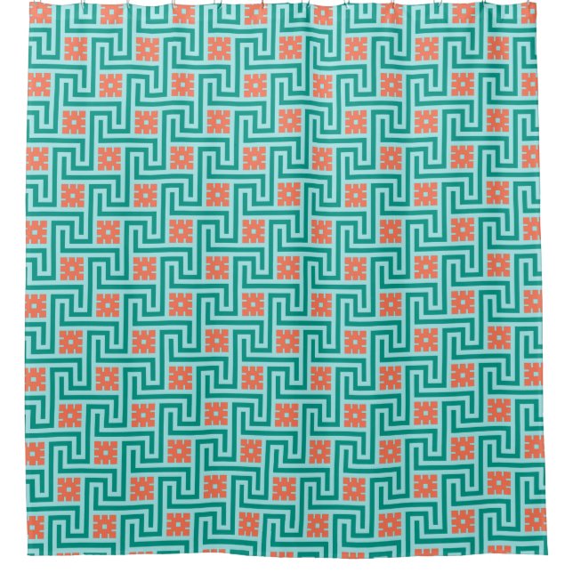 Deco Greek Key, Turquoise, Aqua and Coral Shower Curtain (Front)