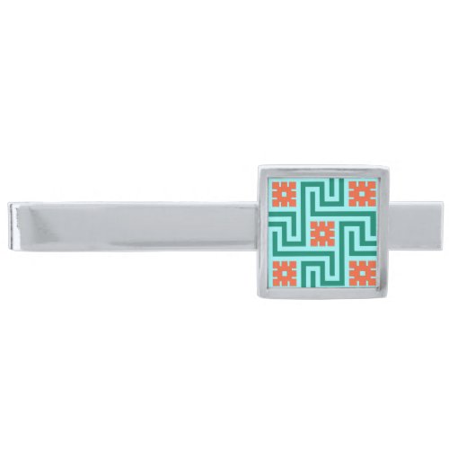 Deco Greek Key Turquoise Aqua and Coral Silver Finish Tie Bar