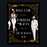 Deco Harlem Nights Flapper and Gentleman Welcome Poster<br><div class="desc">Wonderful 1920's African American Black female Flapper and a gentelman in a white three piece suit and hat invite you to a Great Gatsby, Roaring 20s or Speakeasy Party or Harlem Nights party. Pretty faux gold Art Deco accents against a black background. All wording can be changed to fit your...</div>