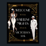 Deco Harlem Nights Flapper and Gentleman Welcome Poster<br><div class="desc">Wonderful 1920's African American Black female Flapper and a gentelman in a white three piece suit and hat invite you to a Great Gatsby, Roaring 20s or Speakeasy Party or Harlem Nights party. Pretty faux gold Art Deco accents against a black background. All wording can be changed to fit your...</div>