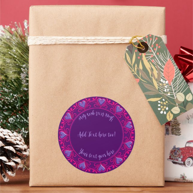 Deco Hearts-Pink Purple-Personalized Classic Round Sticker (Holiday)