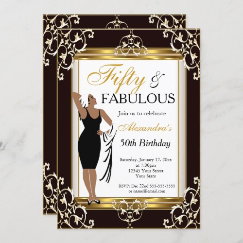 Deco Lady Gold Black 50th Fabulous Birthday photo Invitation