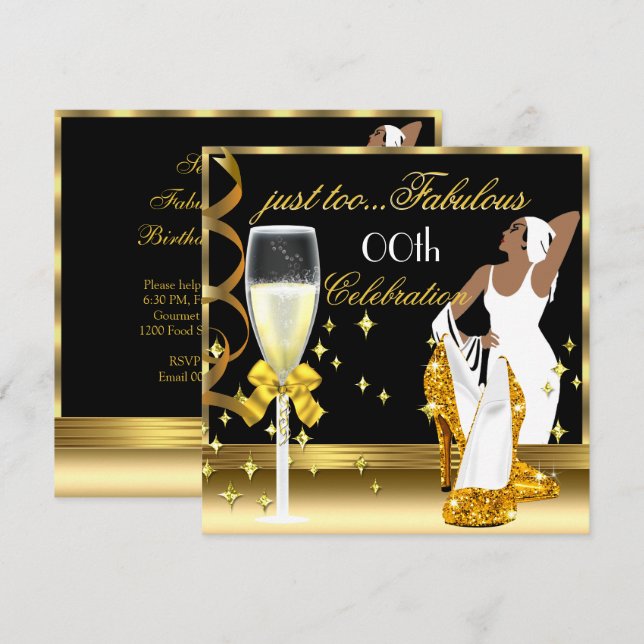 Deco Lady Gold Black Too Fabulous Birthday Invitation (Front/Back)