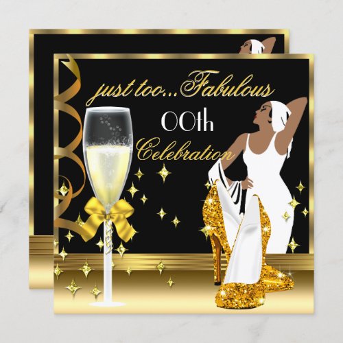 Deco Lady Gold Black Too Fabulous Birthday Invitation