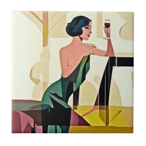 Deco Lady in Green Modern Art Ceramic Tile