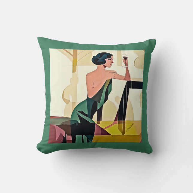 Deco Lady in Green Modern Art Throw Pillow (Front)