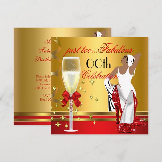 Deco Lady Red Gold Too Fabulous Birthday Party Invitation (Front/Back)